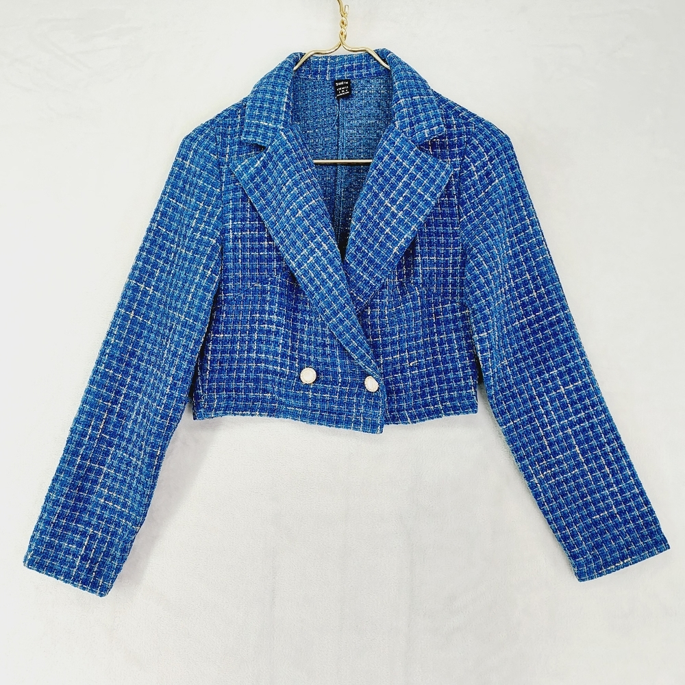 SHEIN Blue Tweed Plaid Print Double Breasted Cropped Blazer P6842